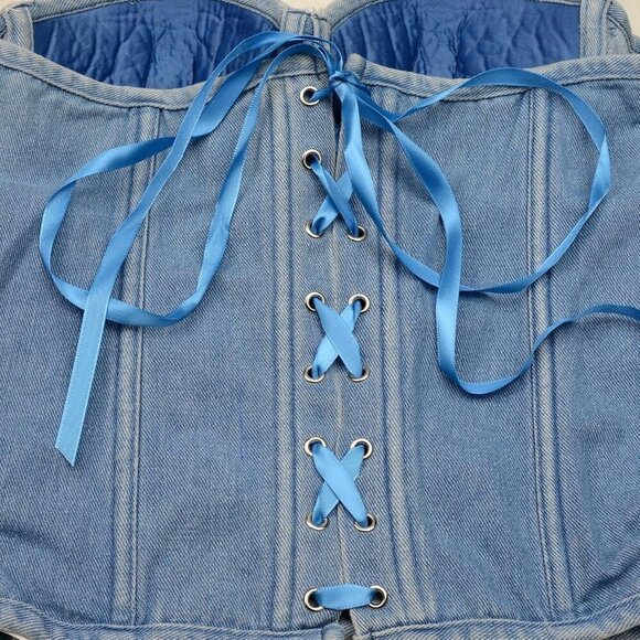 Women's Denim Corset Top Rhinestone Strapless Padded Supportive Party - Picture 7 of 8
